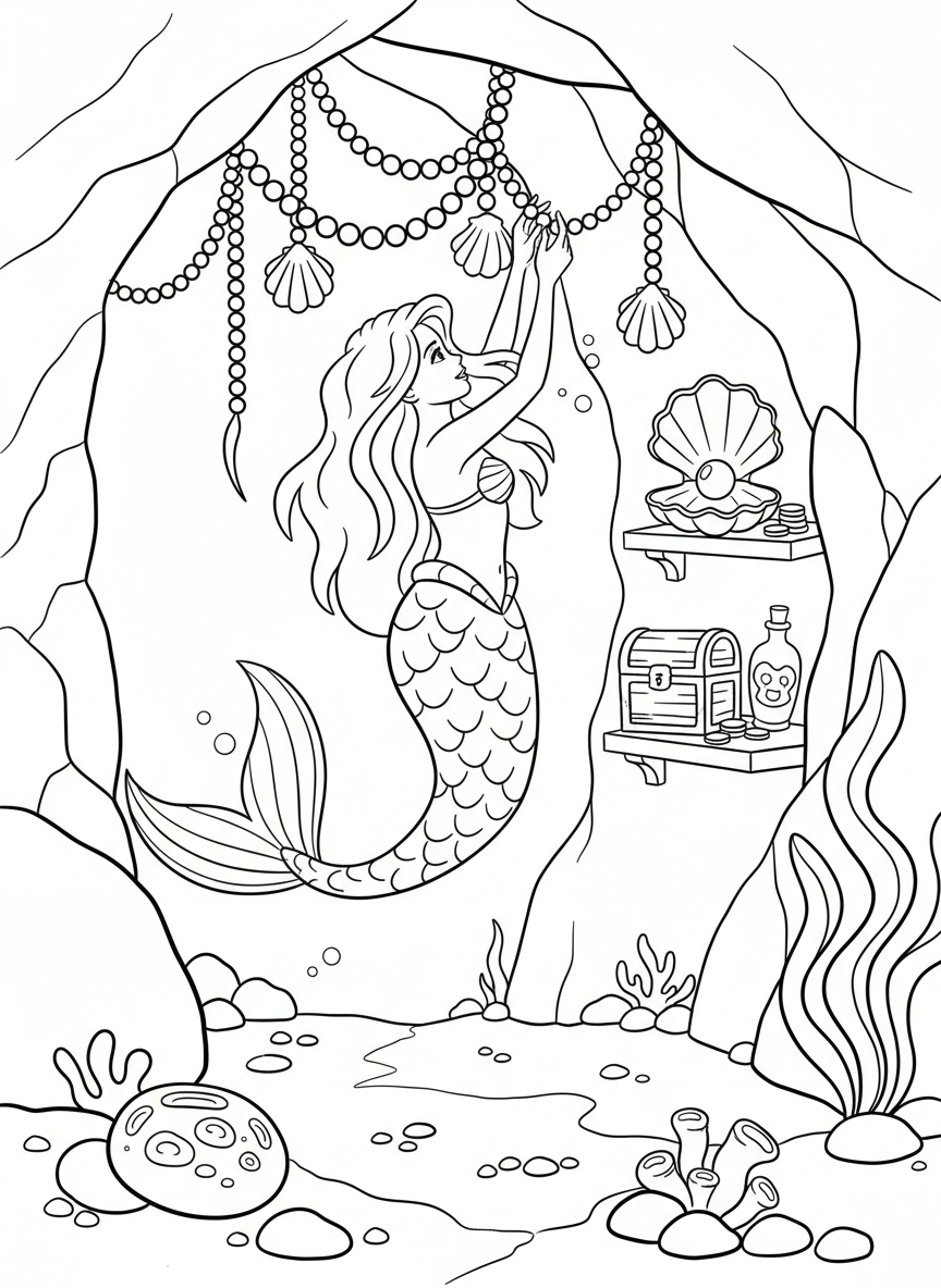 Mermaid decorating her underwater cave home with hanging shells and pearl strings, shelves carved from rock holding treasures, cozy detailed scene