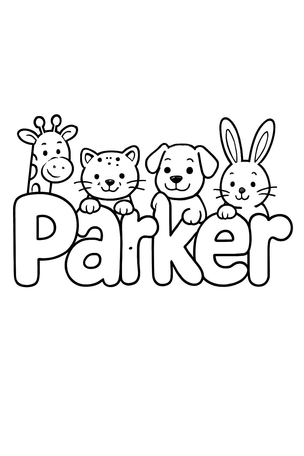 The name “Parker” in bubble letters with cartoon animals peeking out of each letter. make the name all on one line, capitalize only the first letter
