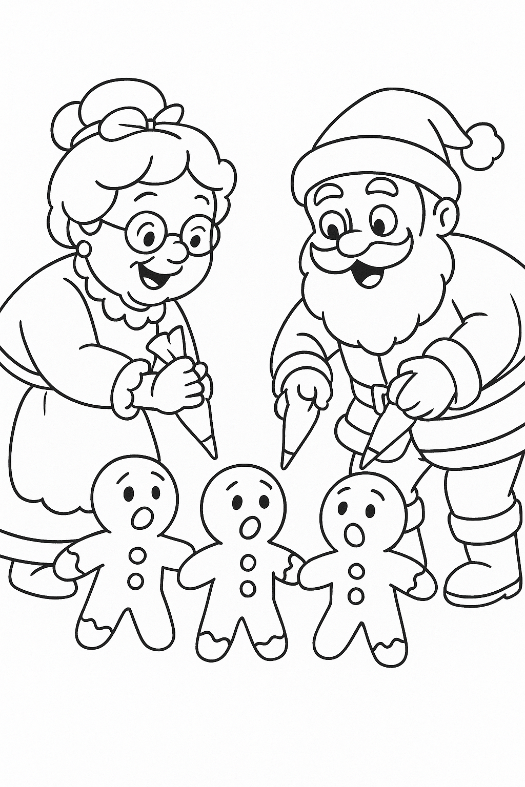 Mrs. Claus and Mr. Claus racing to decorate gingerbread men as the gingerbread men look surprised.