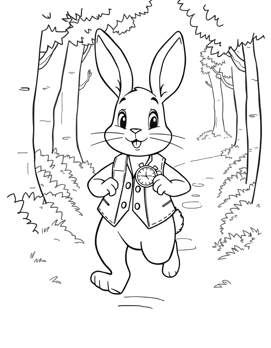 A friendly rabbit wearing a vest and carrying a pocket watch, hopping along a forest path.