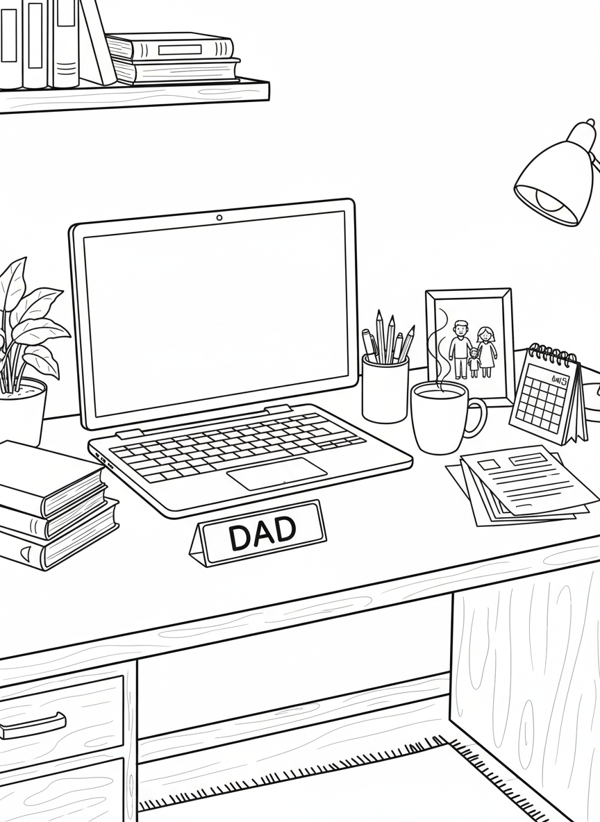 A father's work desk with a laptop, coffee cup, family photo frame, and 'DAD' nameplate, organized and neat.