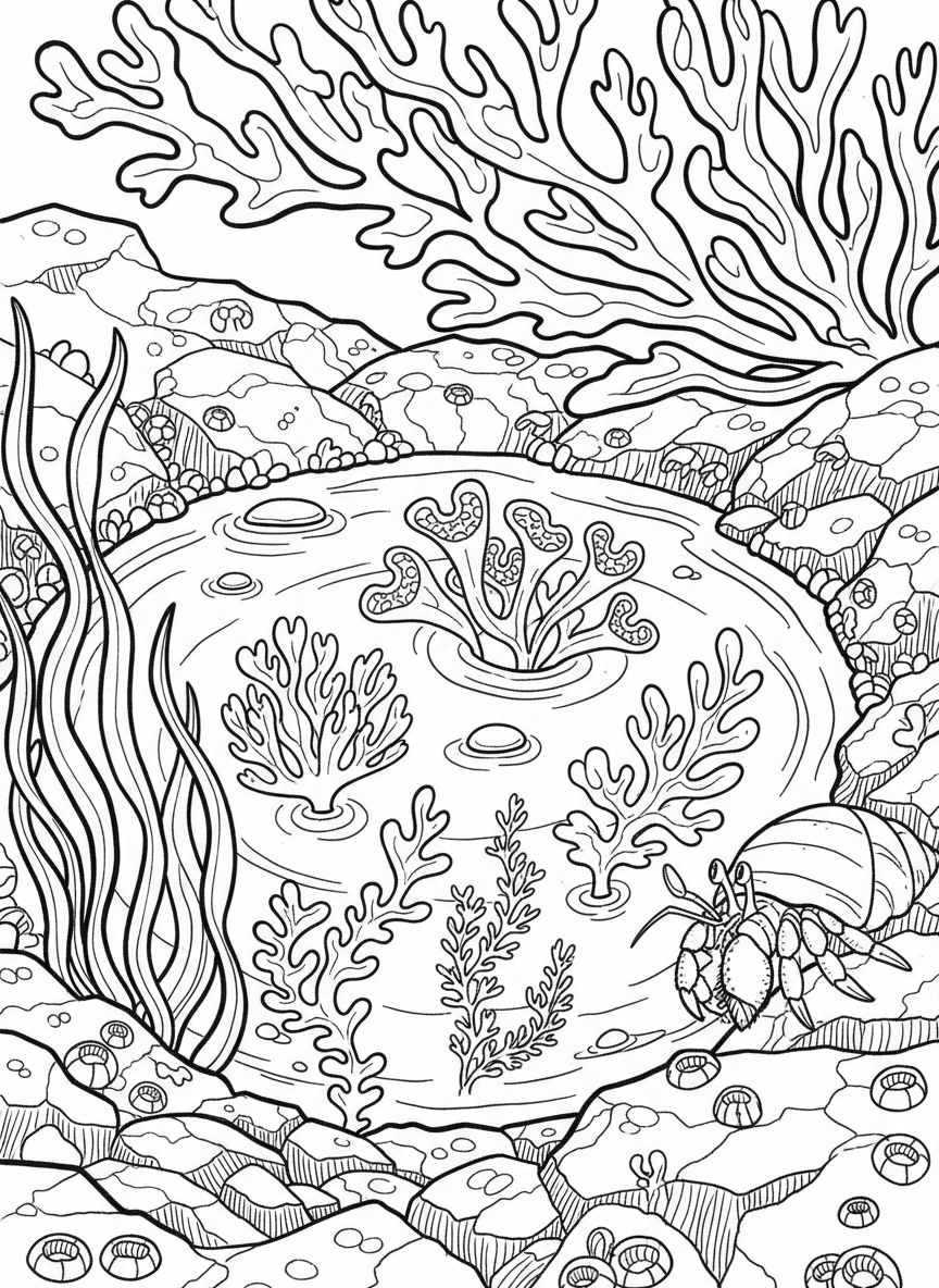 Close-up view of a tide pool with various seaweed types, barnacles on rocks, and a small hermit crab peeking out, clear outlines