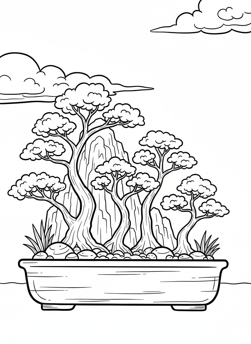 A bonsai forest scene with five small trees of varying heights planted together in one long rectangular container.