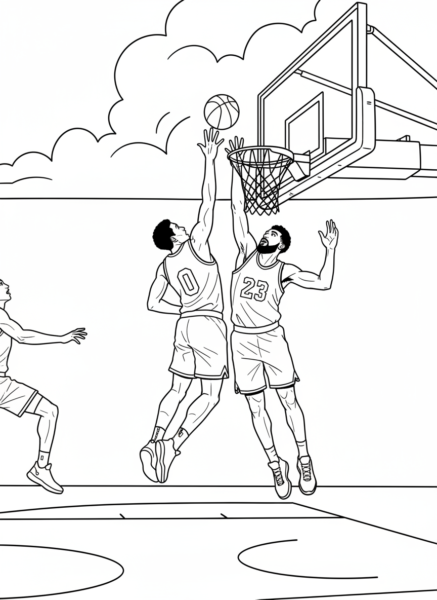 Two basketball players reaching for a rebound under the basket, arms stretched up, with the ball above them, clean outlines.