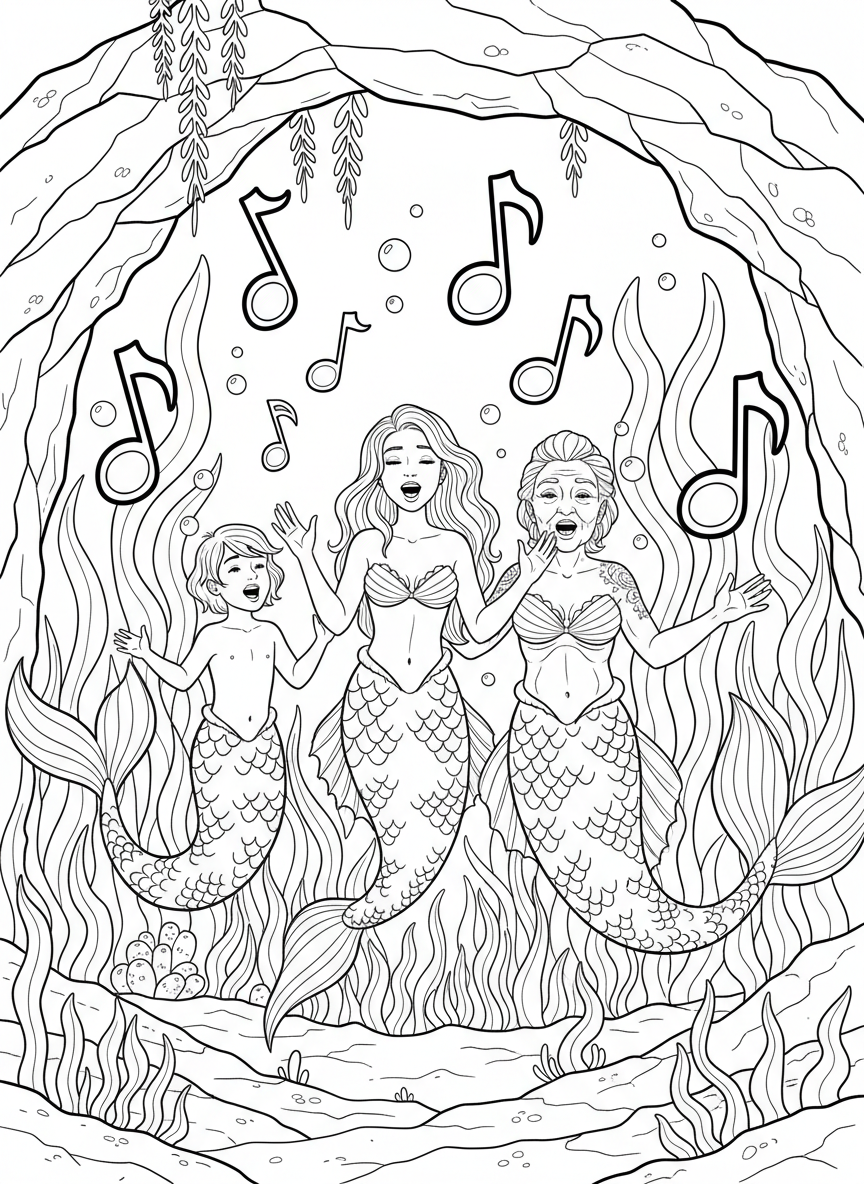 Three mermaids of different ages singing together, musical notes floating in the water around them