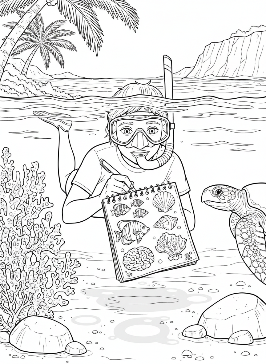 Detailed scene of a young snorkeler's adventure journal page showing sketches of fish, shells, and coral they discovered
