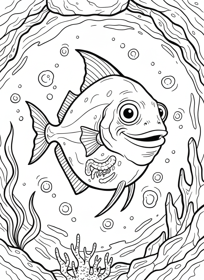 A smiling hatchetfish with its distinctive flat body and large upward-facing eyes, surrounded by small bioluminescent organisms in the twilight zone.