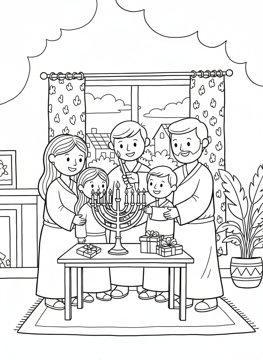 A family lighting the menorah together, parents and two children gathered around the candles, warm scene with simple facial features.