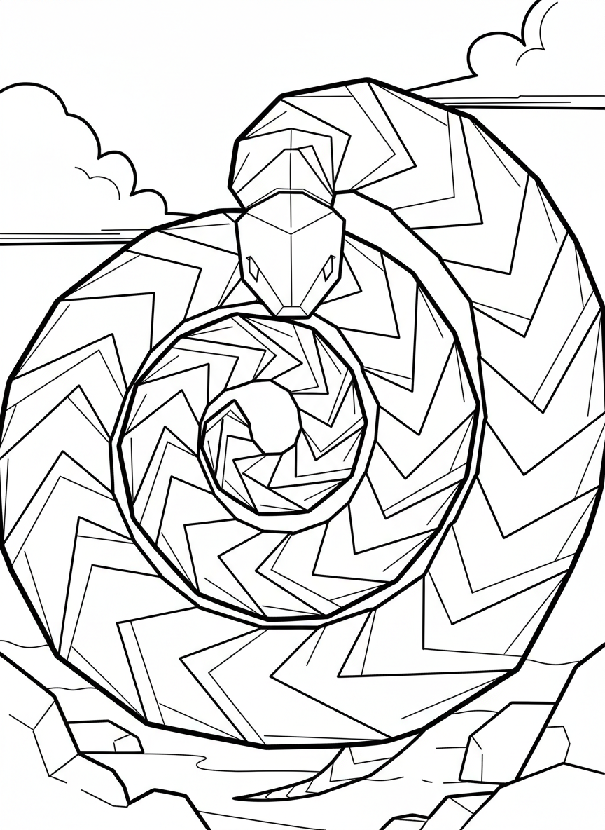 An origami snake coiled in a spiral pattern, showing clear zigzag fold lines and diamond-shaped head, simple and bold design.