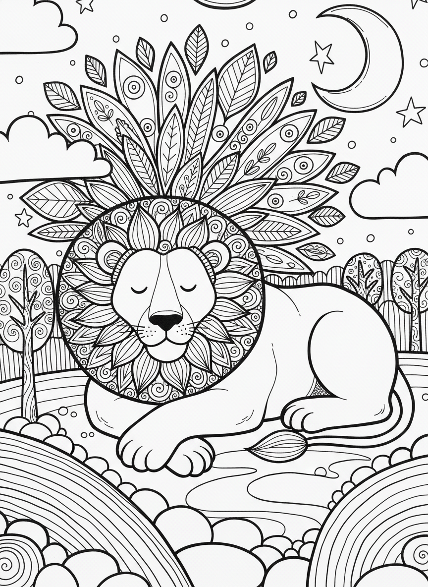 A lion with a decorative mane pattern lying down peacefully, paws crossed, gentle expression, Pottery Barn nursery illustration style