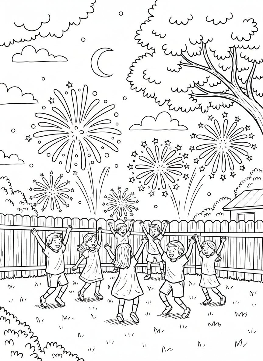 Children dancing and celebrating with their arms raised while fireworks explode overhead in a backyard party setting.