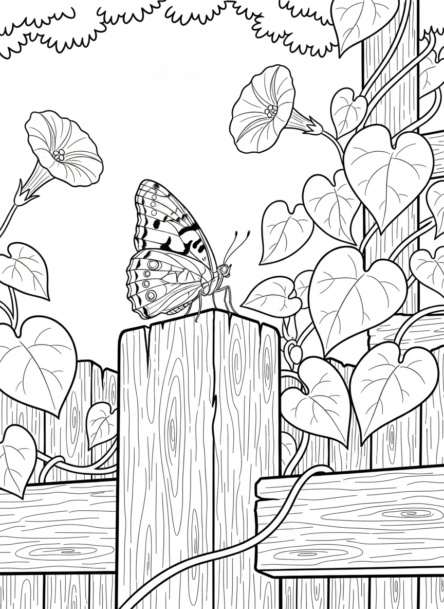 A painted lady butterfly resting on a garden fence post with climbing morning glory vines and flowers in the background.