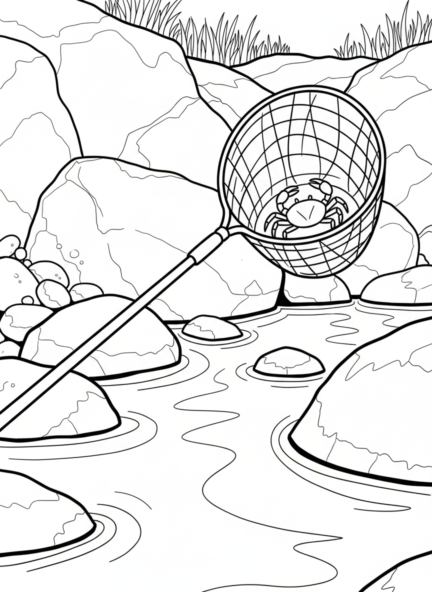 A long-handled dip net with fine mesh, shown catching a small crab near rocky tide pool edges.