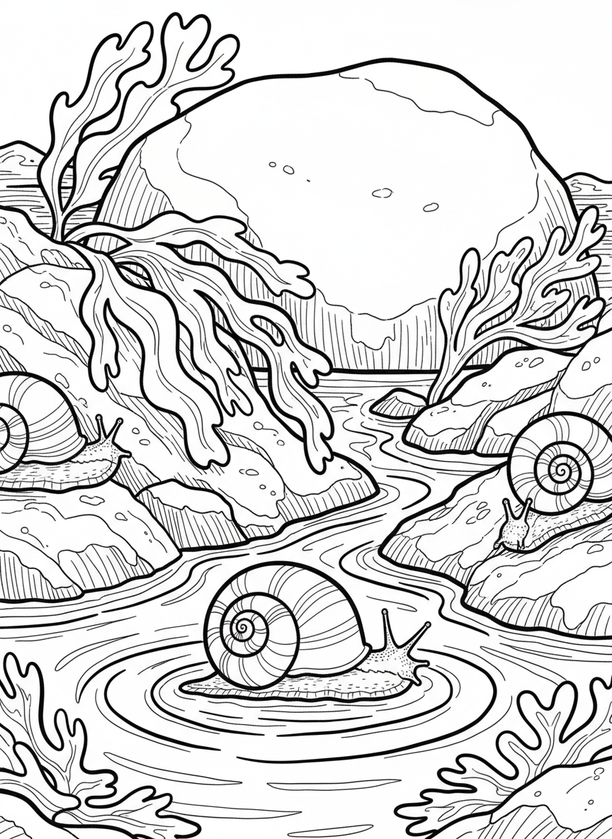 A group of periwinkle snails crawling on wet rocks with seaweed draped over the edges, tide pool water visible below
