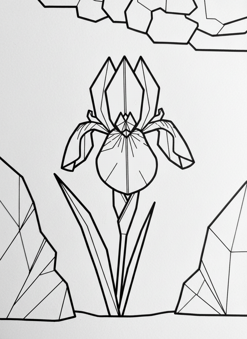 An origami iris flower with three upright petals and three drooping petals, displaying elegant angular folds and a sword-like leaf.
