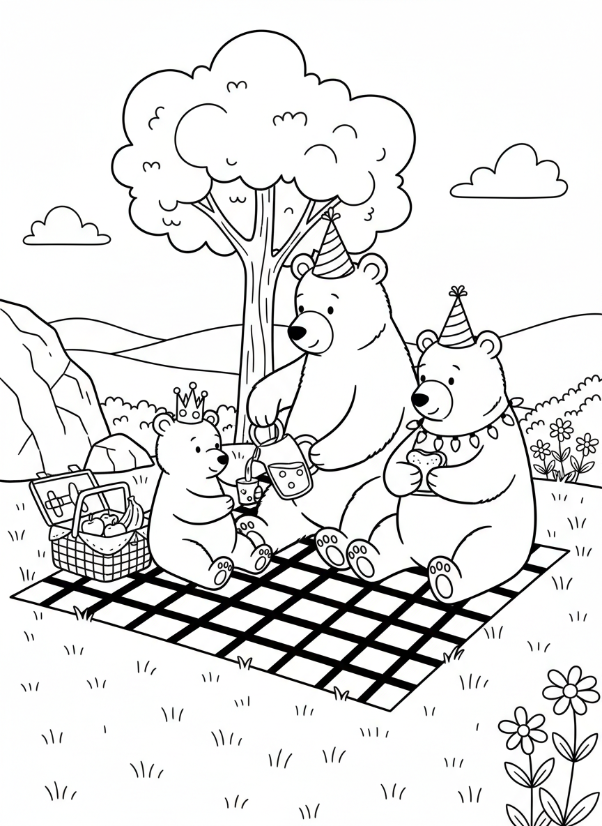 A family of bears having a picnic with a checkered blanket, wearing festive accessories, cute animal scene