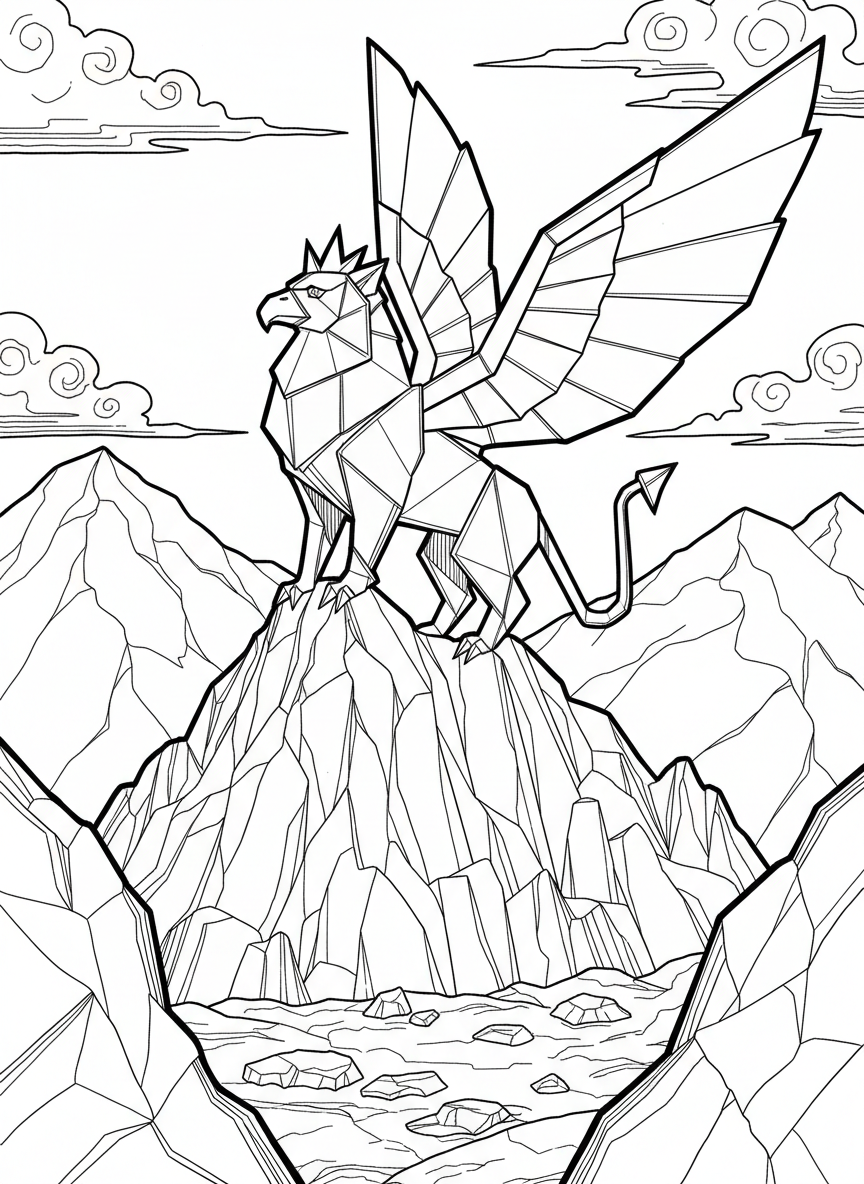 An origami griffin with sharp angular wings and lion body made of paper folds, perched on a mountain peak, black and white line art