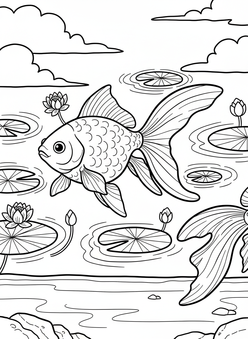 A round goldfish with flowing fins swimming near the surface with lily pads and water ripples, clean outlines