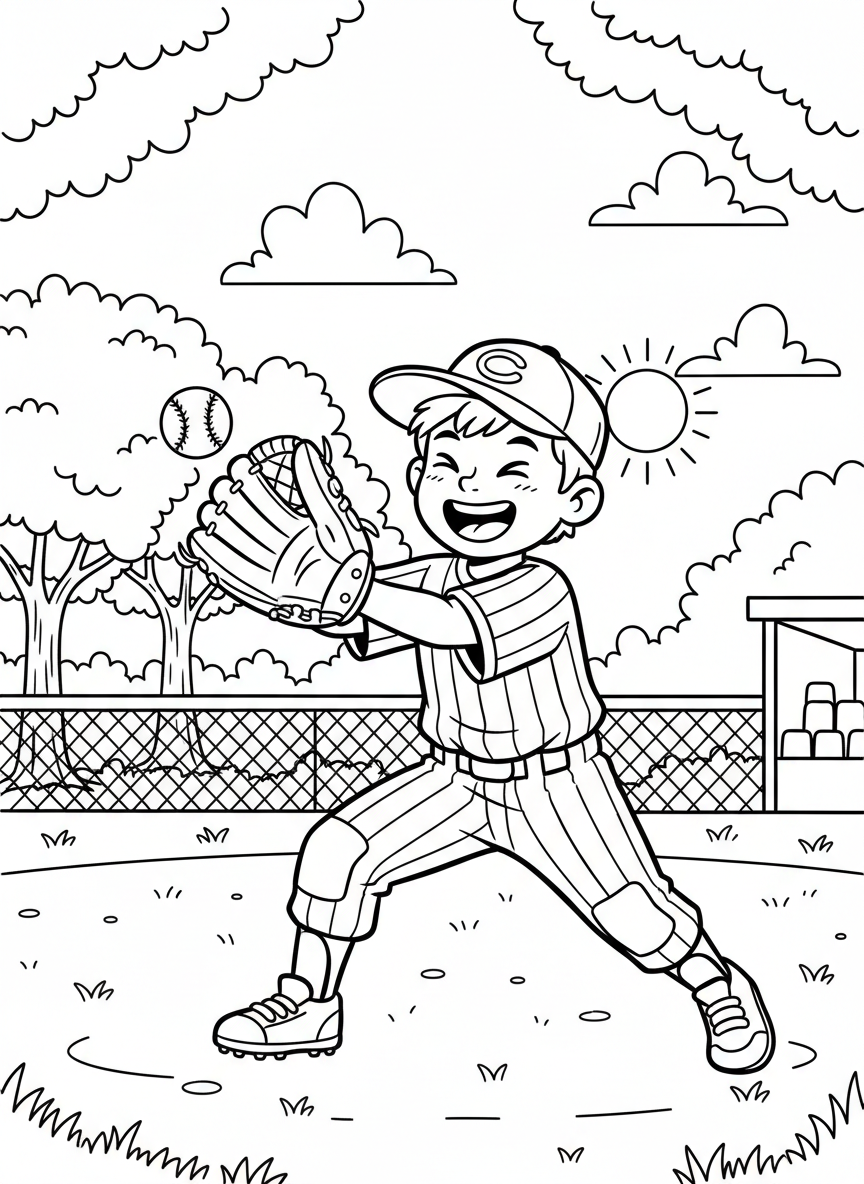 A young child catching a baseball in an oversized glove with a big smile, wearing a baseball cap, perfect for beginning colorists.