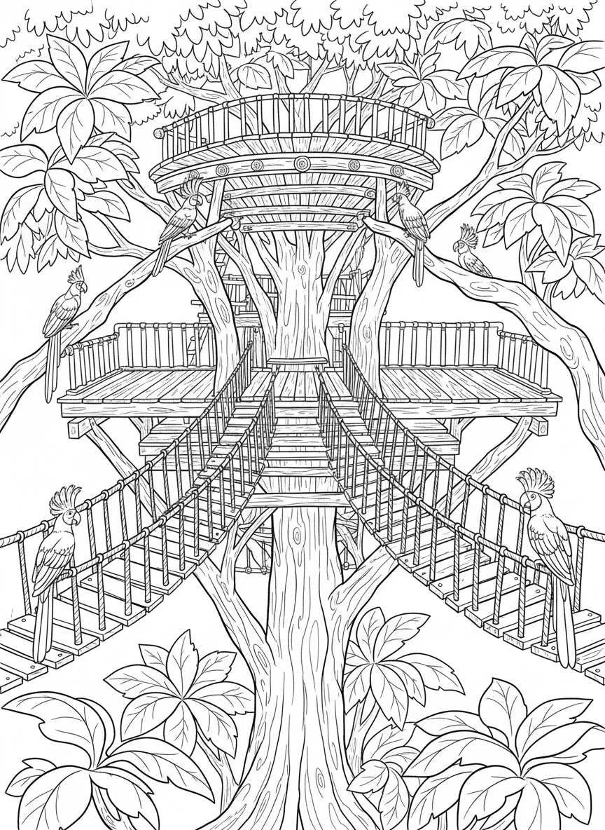 A Brazilian rainforest canopy research station treehouse with observation deck, rope bridges connecting multiple platforms, and exotic birds perched nearby.
