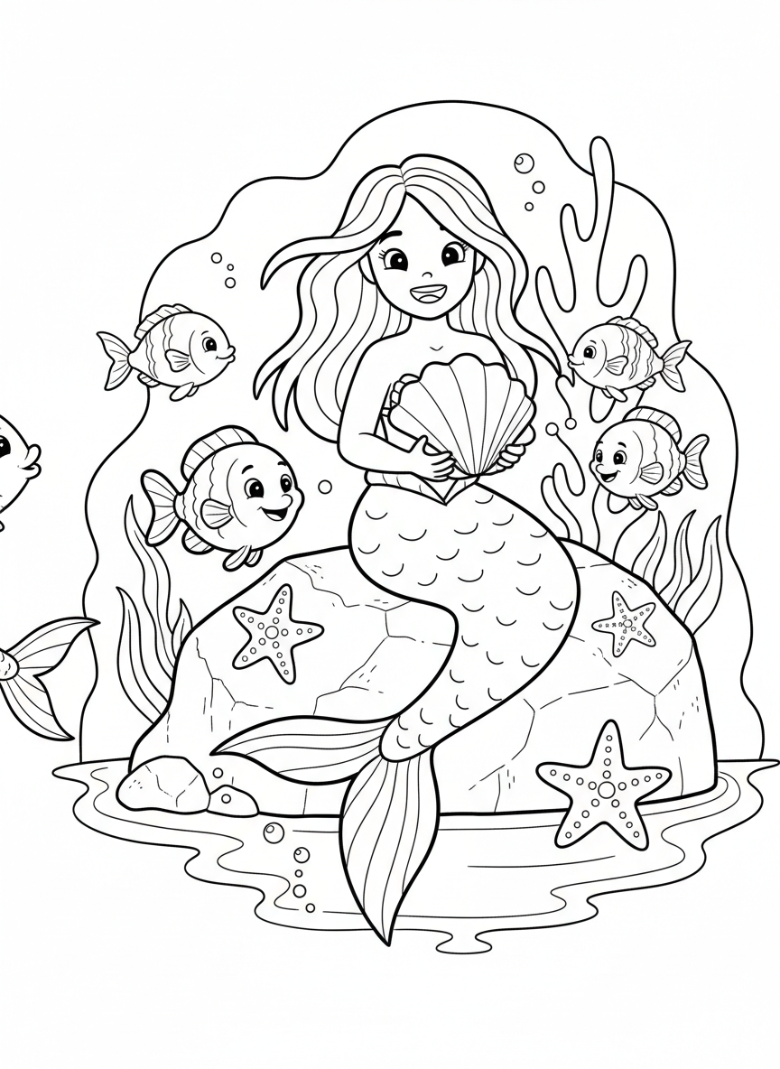 A smiling mermaid sitting on a rock in the ocean, holding a seashell and surrounded by friendly fish and starfish.