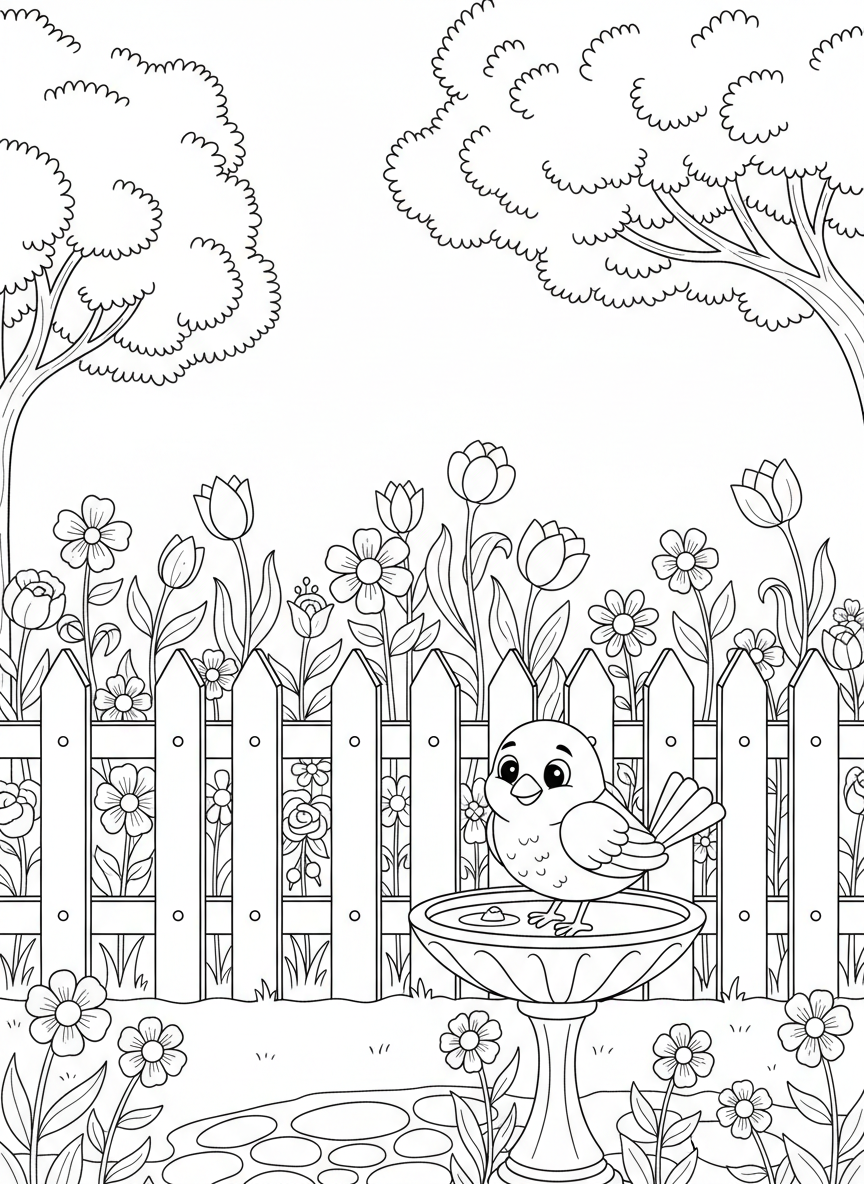 A wide garden scene with a white picket fence, various flowers, a birdbath, and a friendly bird perched nearby.