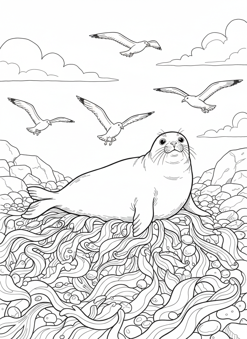 A seal resting on a bed of seaweed on the shore, seagulls flying overhead in the sky.