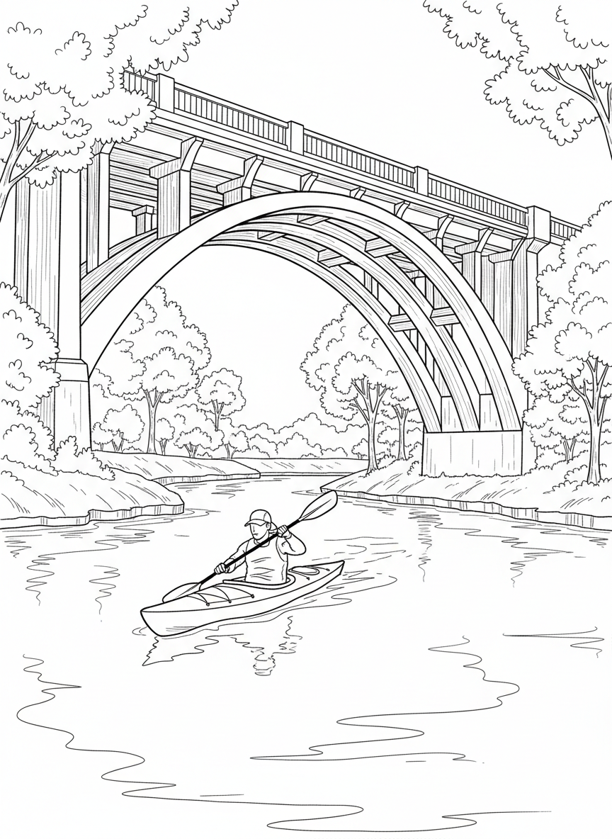 Buffalo Bayou scene with a kayaker paddling under a bridge, trees along the riverbank, simple nature composition