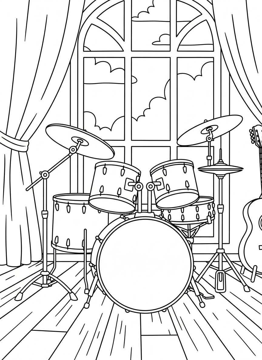 A complete drum set with bass drum, snare, cymbals, and drumsticks resting on top, detailed but clean line art for older children.