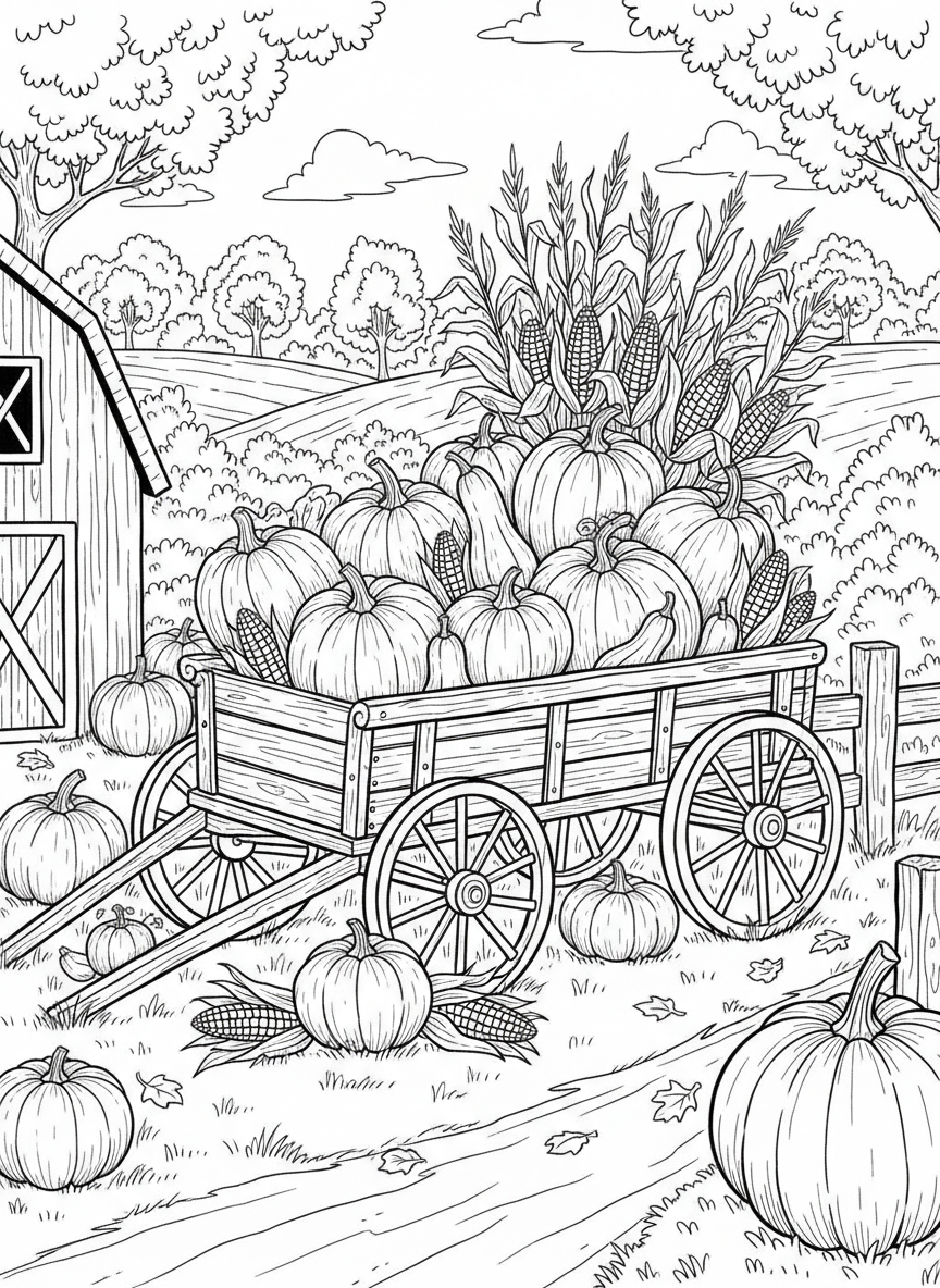 A seasonal harvest festival scene with pumpkins, corn stalks, and gourds arranged decoratively around a rustic farm wagon.