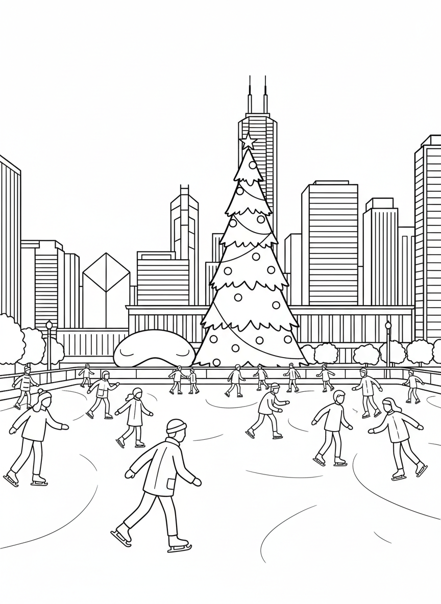 Chicago winter scene with ice skating at Millennium Park, simple figures skating with city buildings and Christmas tree