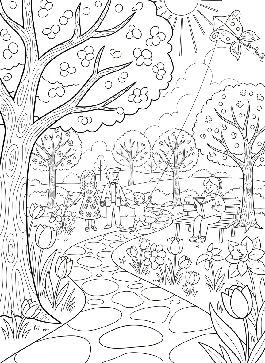 First Day of Spring coloring page prompts celebrating renewal, blooming landscapes, fresh air, and seasonal optimism.	A park coming to life on the first day of spring, flowers beginning to bloom as people stroll beneath budding trees.