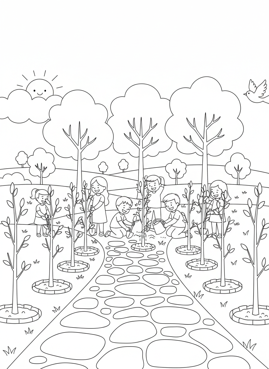 Arbor Day coloring page prompts focused on tree planting, growth, and long-term environmental stewardship.	A row of newly planted trees lining a path, ready to grow over time.