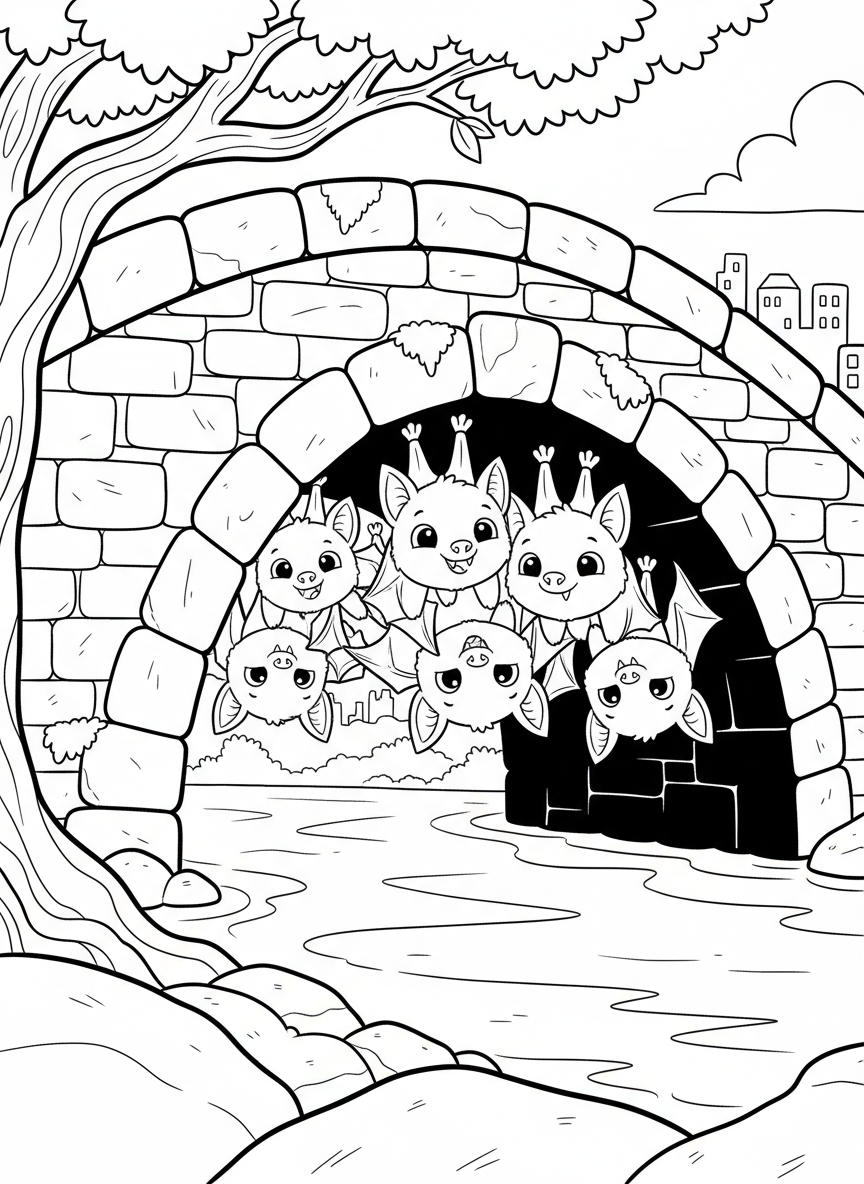 A group of cute bats hanging upside down from a bridge, smiling and friendly-looking, perfect for young children to color