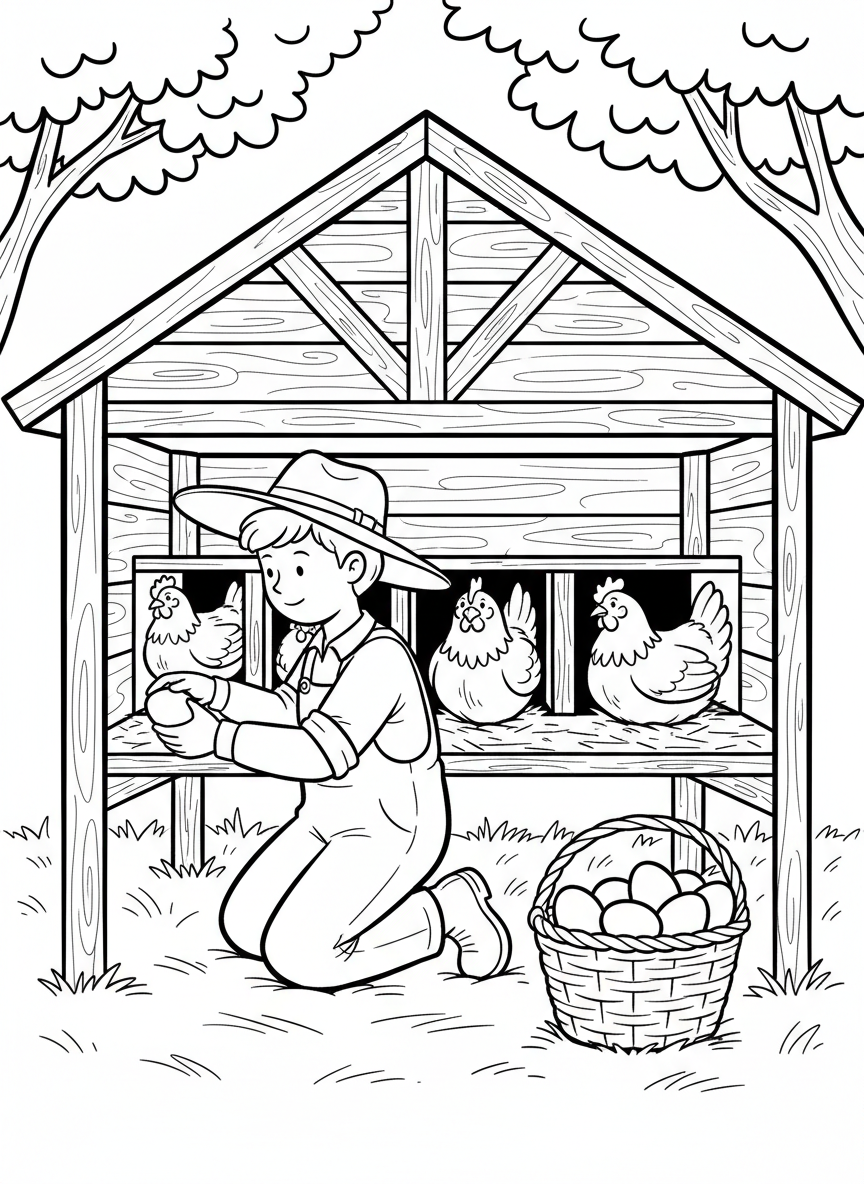 A young farmer collecting eggs from a chicken coop, with several hens sitting in nesting boxes and eggs in a basket.