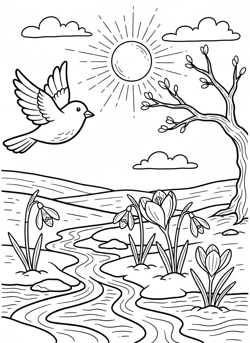 Spring flowers blooming through melting snow patches, with a bird returning and the sun warming the ground, showing seasonal transition.