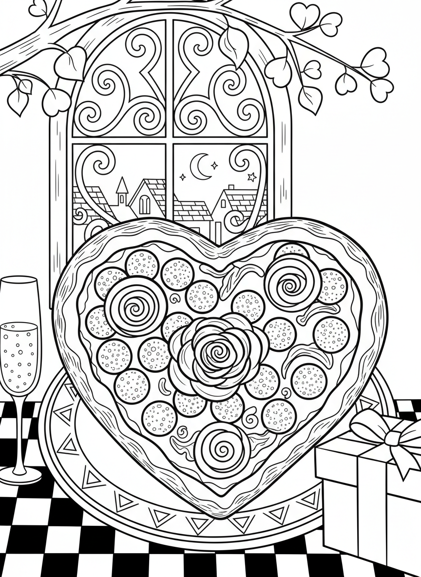 A heart-shaped pizza decorated with pepperoni arranged in a pattern, perfect for a special celebration