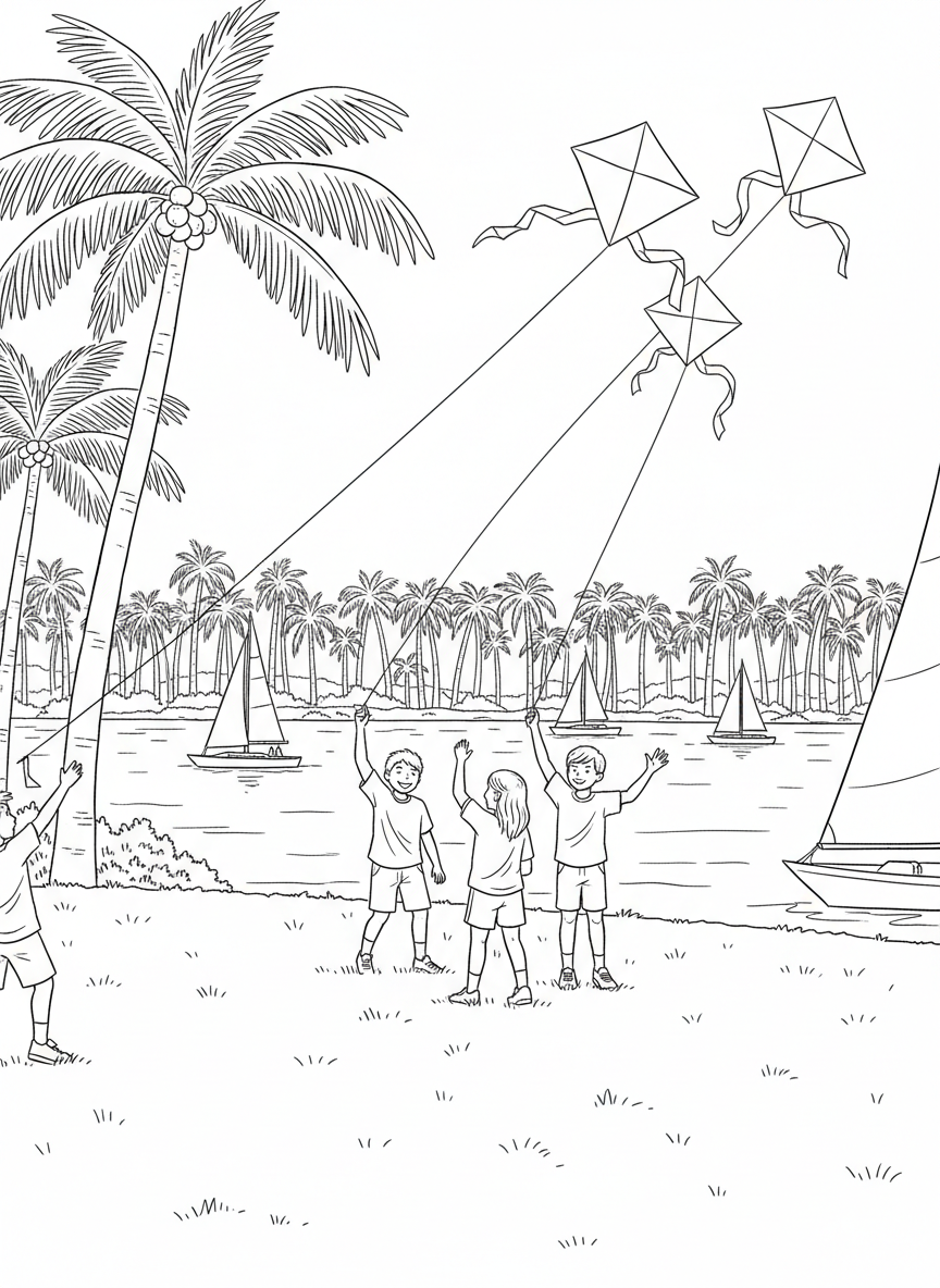 Mission Bay with kids flying kites on a grassy area, sailboats on the water, and palm trees lining the shore