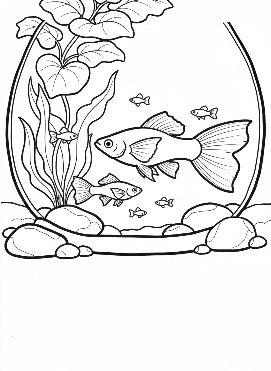 A molly fish family with babies swimming near the aquarium glass with background plants and rocks, cute scene