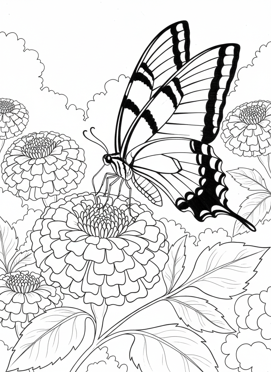 Tiger swallowtail butterfly with distinctive striped wing pattern resting on a cluster of marigold flowers with detailed petals.