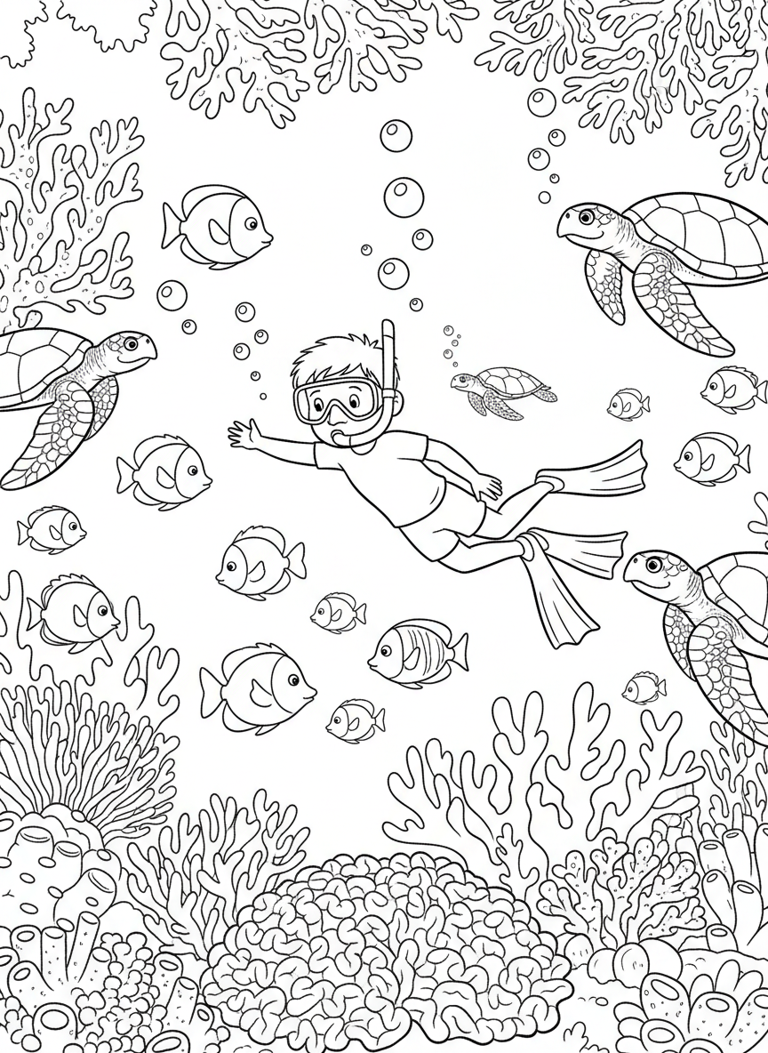 A child snorkeling underwater surrounded by friendly tropical fish, coral, and sea turtles