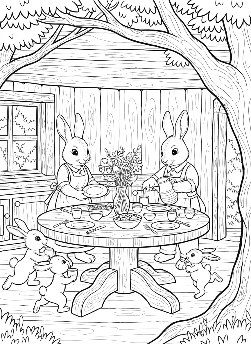 A bunny family setting the table for dinner in their treehouse kitchen, with plates, cups, and a vase of wildflowers.