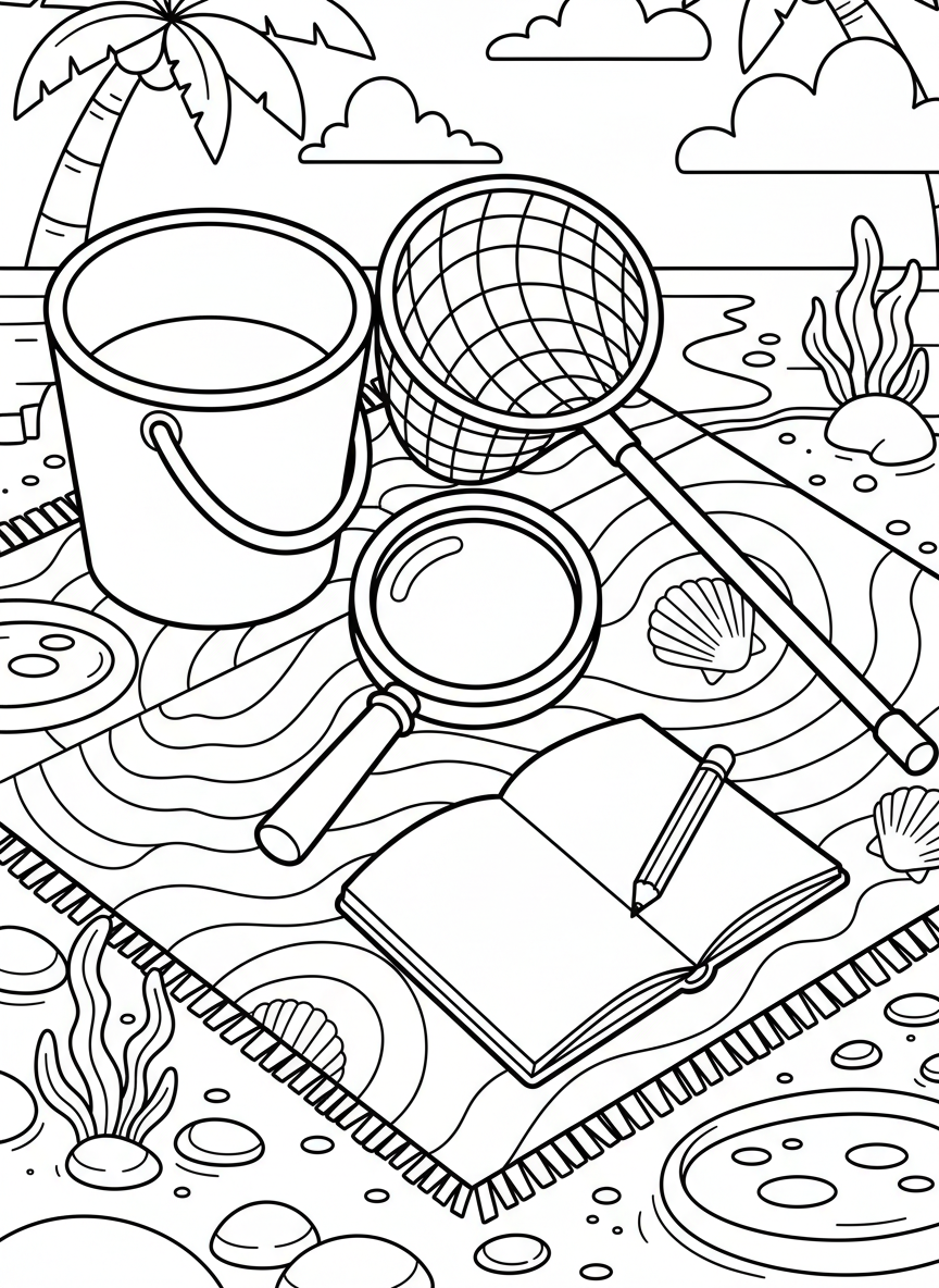 A collection of tide pool exploration tools laid out on a beach towel: bucket, net, magnifying glass, and notebook with pencil
