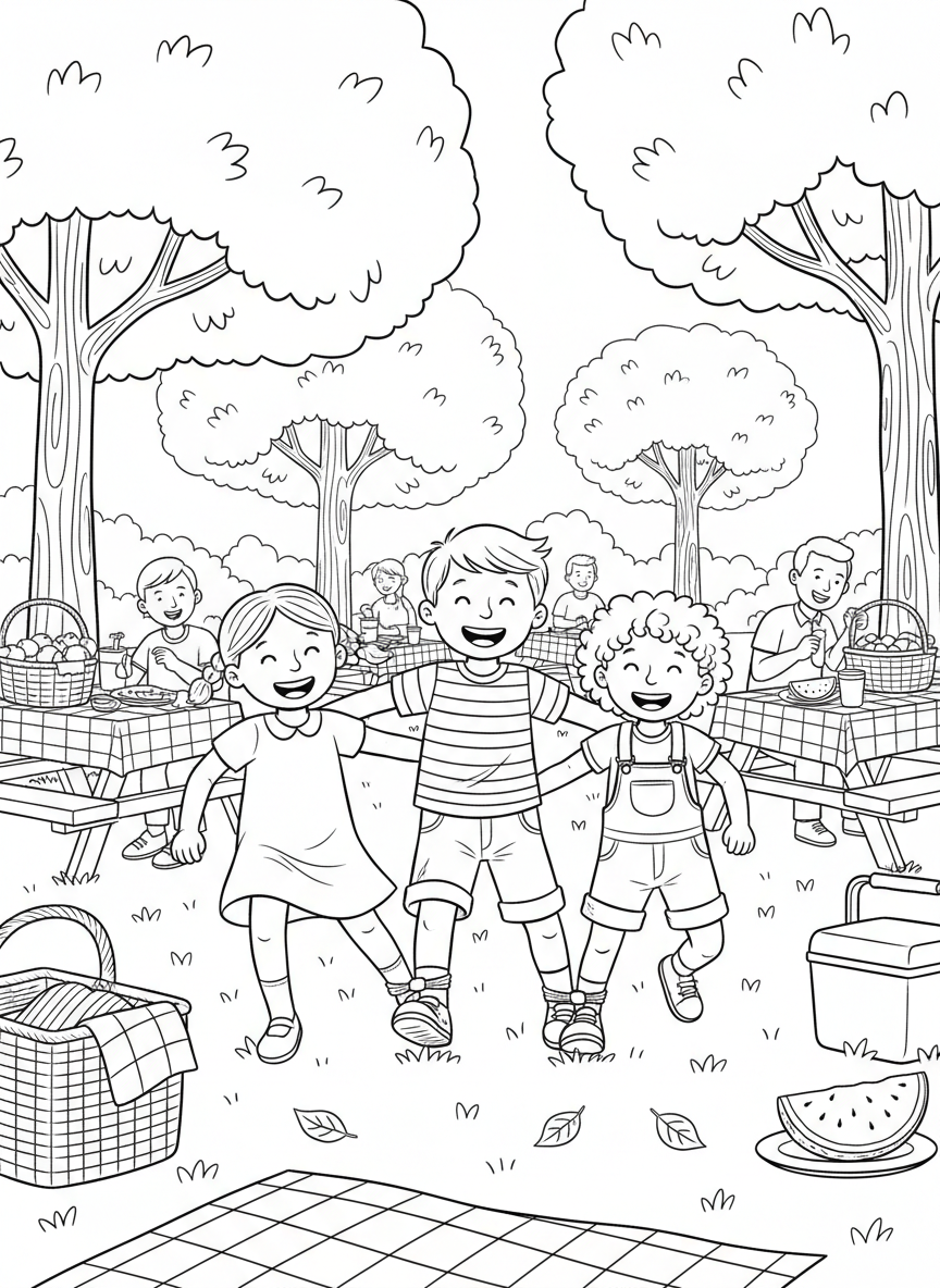 Three children running in a three-legged race at a park picnic, with trees and picnic tables in the background.