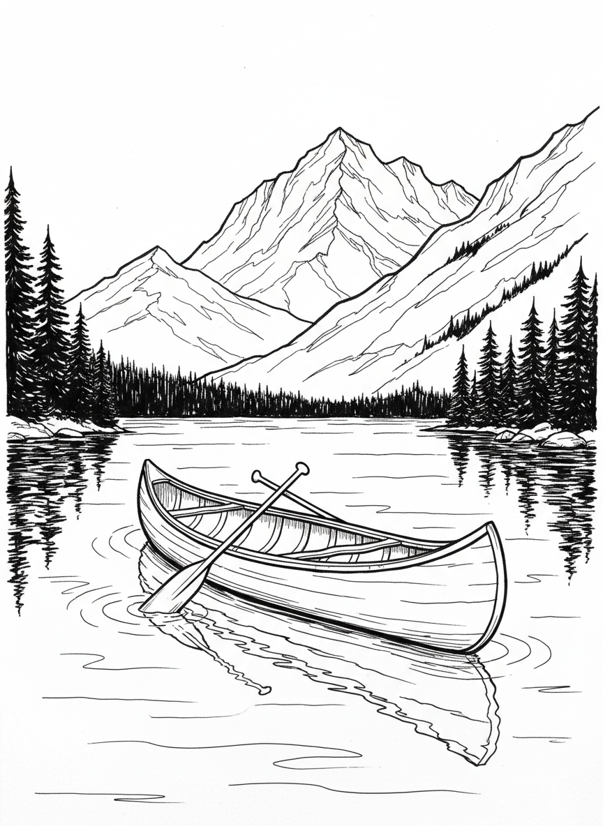Traditional canoe on a peaceful lake with mountains in background, paddles resting inside, serene nature scene with clean outlines