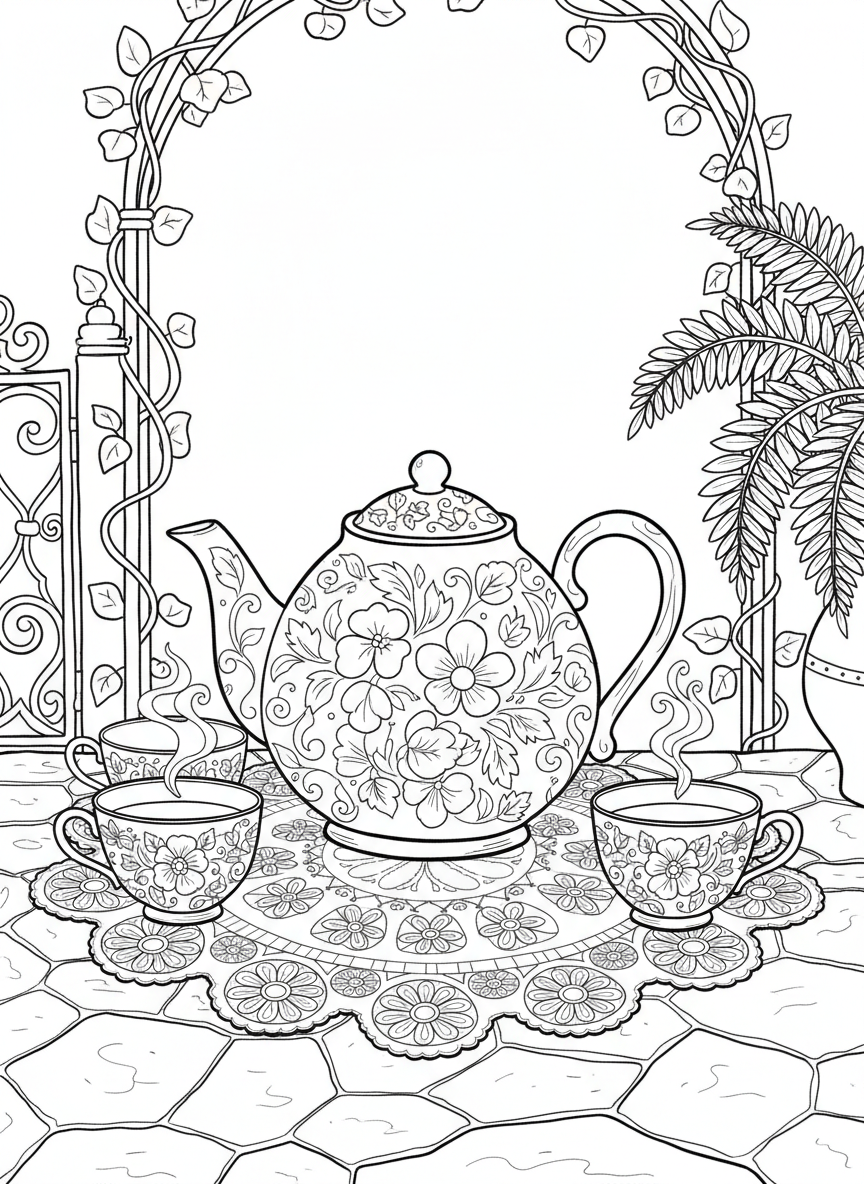 A fancy teapot with floral patterns sitting on a lace doily, surrounded by three matching teacups with steam swirls rising from them.
