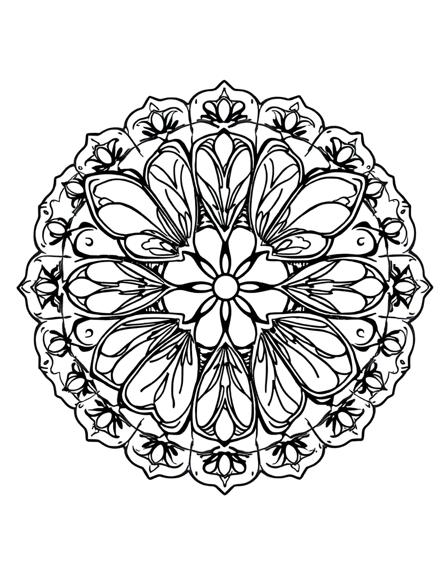 simple mandala: Butterfly Ring: Four butterflies arranged in a circle, nose-to-nose in the center, with their wings creating the outer pattern.