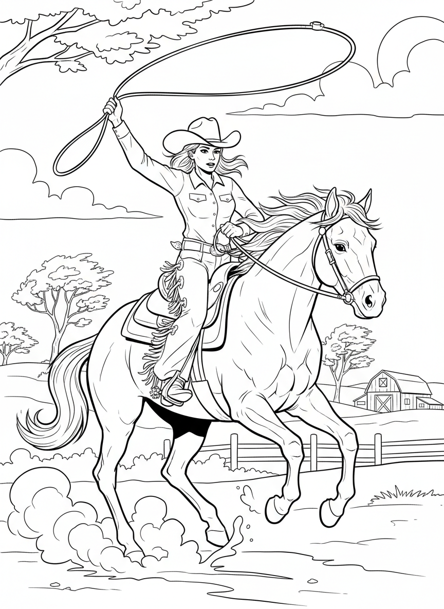 A cowgirl on horseback twirling a lasso above her head, wearing boots and a hat, action pose line art
