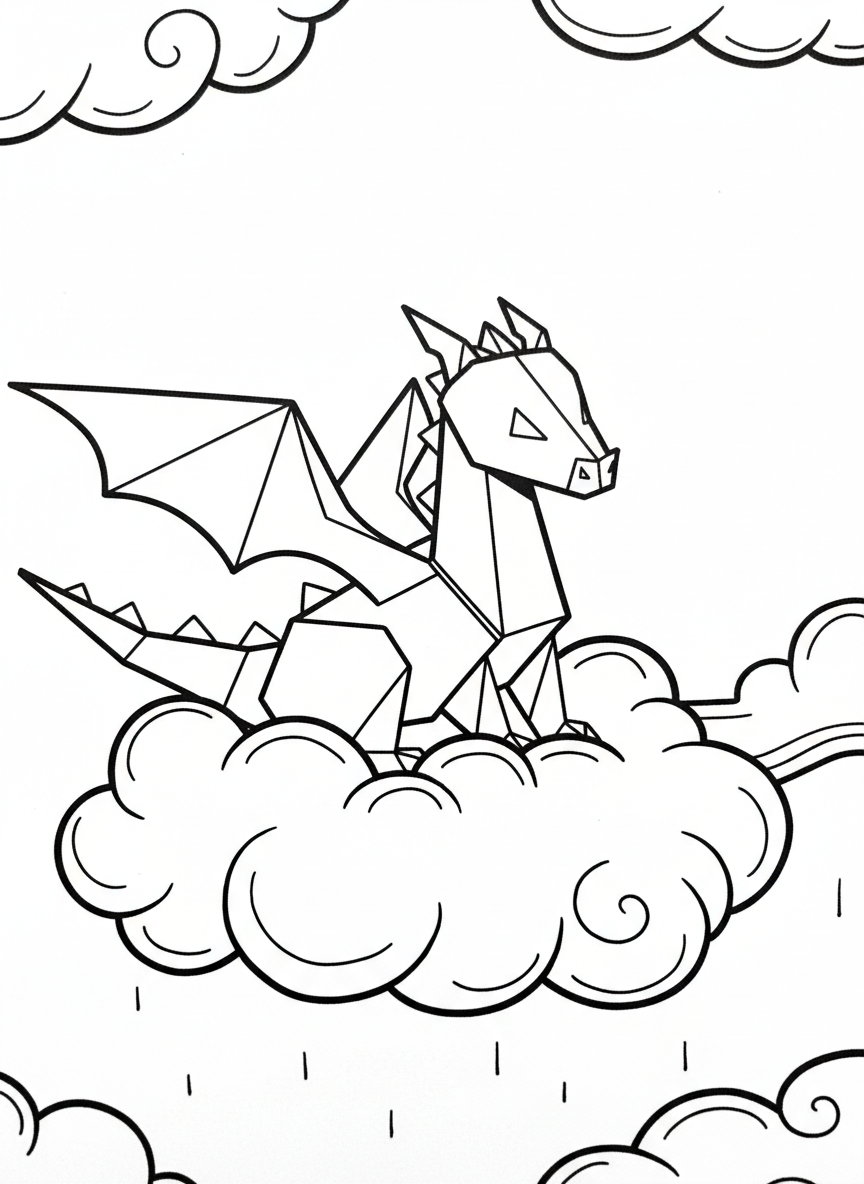 A simple origami dragon with geometric folded paper wings and a triangular head, sitting on a cloud, line art coloring page