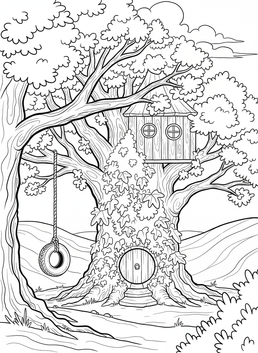An English countryside treehouse with ivy growing on walls, a round hobbit-style door, and a tire swing hanging below in an old oak tree.